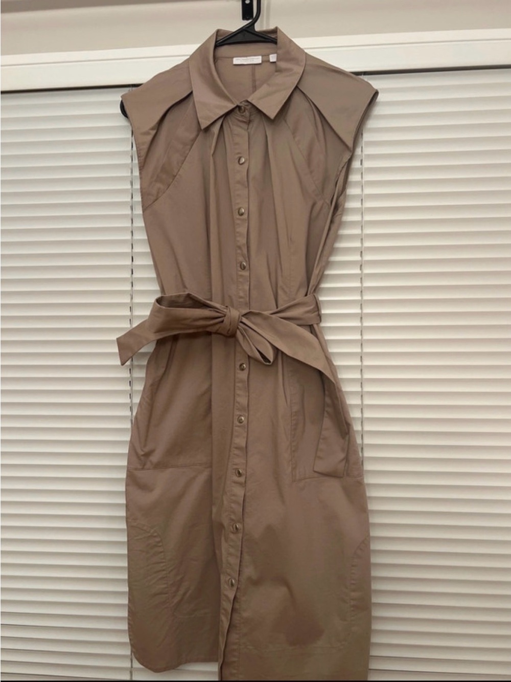 New York & Company Sleeveless Tie-Waist Shirt Dress in Taupe